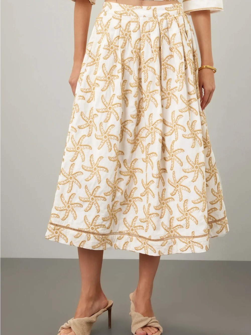 Scotch & Soda Embroidered White & Gold Midi Skirt Sz L w/ Pockets